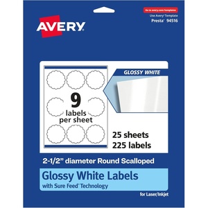 image:imageAvery Glossy White Round Scalloped Labels Sure Feed Technology 25 Diameter 90 Glossy White Labels PrinttoTheEdge Permanent Adhesive LaserInkjet Printable225 labels