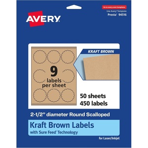 image:imageAvery Kraft Brown Round Scalloped Labels Sure Feed Technology 25 Diameter 135 Kraft Brown Labels PrinttoTheEdge LaserInkjet Printable450 labels