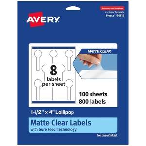 image:imageAvery Matte Clear Lollipop Labels Sure Feed Technology 15 x 4 200 Matte Clear Labels PrinttoTheEdge LaserInkjet Printable800 labels