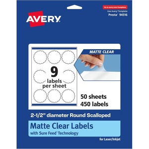 image:imageAvery Matte Clear Round Scalloped Labels Sure Feed Technology 25 Diameter 90 Matte Clear Labels PrinttoTheEdge LaserInkjet Printable450 labels