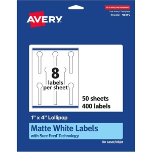 image:imageAvery Matte White Lollipop Labels Sure Feed Technology 1 x 4 200 White Labels PrinttoTheEdge Permanent Adhesive LaserInkjet Printable400 labels
