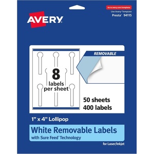 image:imageAvery Matte White Removable Lollipop Labels Sure Feed Technology PrinttoTheEdge 1 x 4 120 Removable Labels LaserInkjet Printable400 labels
