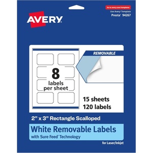 image:imageAvery Matte White Removable Rectangle Scalloped Labels Sure Feed Technology PrinttoTheEdge 2 x 3 120 Removable Labels LaserInkjet Printable120 labels
