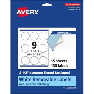 image:imageAvery Matte White Removable Round Scalloped Labels Sure Feed Technology PrinttoTheEdge 25 Diameter 135 Removable Labels LaserInkjet Printable135 labels