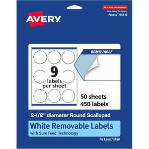 image:imageAvery Matte White Removable Round Scalloped Labels Sure Feed Technology PrinttoTheEdge 25 Diameter 135 Removable Labels LaserInkjet Printable450 labels