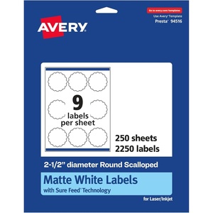 image:imageAvery Matte White Round Scalloped Labels Sure Feed Technology 25 Diameter 225 Matte White Printable Labels2 250 Labels