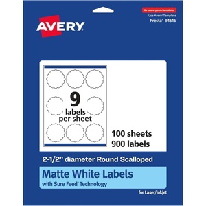 image:imageAvery Matte White Round Scalloped Labels Sure Feed Technology 25 Diameter 225 Matte White Printable Labels900 Labels