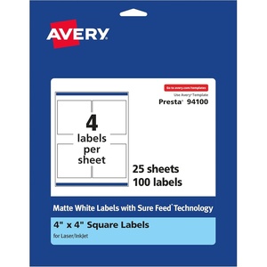image:imageAvery Matte White Square Labels Sure Feed Technology 4 x 4 100 Matte White Printable Labels100 Labels