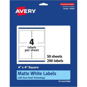 image:imageAvery Matte White Square Labels Sure Feed Technology 4 x 4 100 Matte White Printable Labels200 Labels