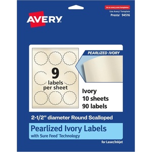 image:imageAvery Pearlized Ivory Round Scalloped Labels Sure Feed Technology PrinttoTheEdge 25 Diameter 225 Pearlized Ivory Labels LaserInkjet Printable90 labels