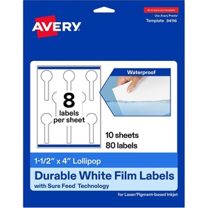 image:imageAvery Printable Durable White Lollipop Labels Sure Feed Technology 15 x 4 PrinttotheEdge Waterproof Labels Laser amp PigmentBased Inkjet Compatible 80 Total80 labels