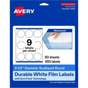 image:imageAvery Printable Durable White Round Scalloped Labels Sure Feed Technology 25 Diameter PrinttotheEdge Waterproof Labels Laser amp PigmentBased Inkjet Compatible 450 Total450 labels