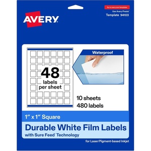image:imageAvery Printable Durable White Square Labels Sure Feed Technology 1 x 1 PrinttotheEdge Waterproof Labels Laser amp PigmentBased Inkjet Compatible 480 Total480 labels