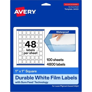 image:imageAvery Printable Durable White Square Labels Sure Feed Technology 1 x 1 PrinttotheEdge Waterproof Labels Laser amp PigmentBased Inkjet Compatible 480 Total4 800 labels