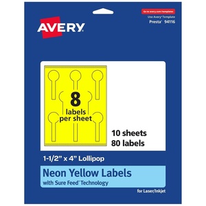 image:imageAvery Printable Lollipop Labels Sure Feed Technology 112 x 4 Neon Yellow Labels PrinttoTheEdge LaserInkjet Printable 160 Total Great for Jars and Baking Seal Stickers80 labels