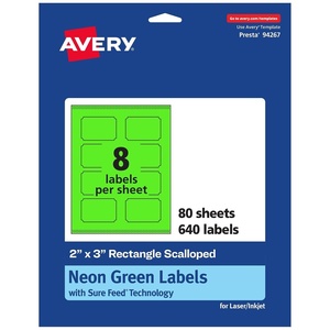 image:imageAvery Printable Rectangle Scalloped Labels Sure Feed Technology 2 x 3 Neon Green Labels PrinttoTheEdge LaserInkjet Printable 80 Total Great for Mailing and Candles640 labels