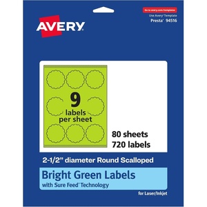 image:imageAvery Printable Round Scalloped Labels Sure Feed Technology 212 Diameter Bright Green Labels PrinttoTheEdge LaserInkjet Printable 90 Total Great for Mailing Seals and Candles720 labels