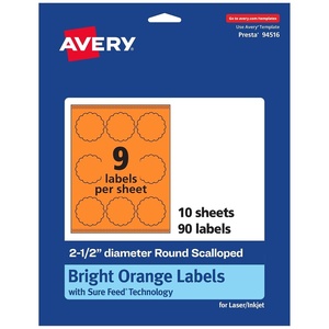 image:imageAvery Printable Round Scalloped Labels Sure Feed Technology 212 Diameter Bright Orange Labels PrinttoTheEdge LaserInkjet Printable 90 Total Great for Mailing Seals and Candles90 labels