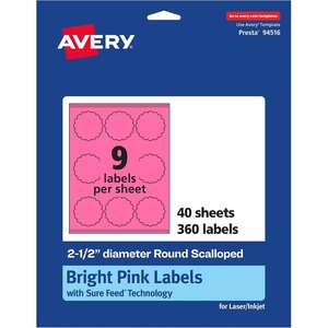 image:imageAvery Printable Round Scalloped Labels Sure Feed Technology 212 Diameter Bright Pink Labels PrinttoTheEdge LaserInkjet Printable 90 Total Great for Mailing Seals and Candles360 labels