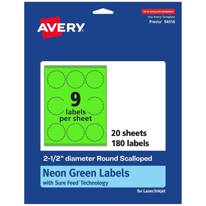 image:imageAvery Printable Round Scalloped Labels Sure Feed Technology 212 Diameter Neon Green Labels PrinttoTheEdge LaserInkjet Printable 90 Total Great for Mailing Seals and Candles180 labels