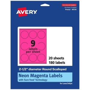 image:imageAvery Printable Round Scalloped Labels Sure Feed Technology 212 Diameter Neon Magenta Labels PrinttoTheEdge LaserInkjet Printable 180 Total Great for Mailing Seals and Candles180 labels