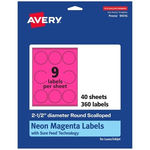image:imageAvery Printable Round Scalloped Labels Sure Feed Technology 212 Diameter Neon Magenta Labels PrinttoTheEdge LaserInkjet Printable 180 Total Great for Mailing Seals and Candles360 labels