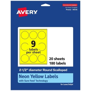 image:imageAvery Printable Round Scalloped Labels Sure Feed Technology 212 Diameter Neon Yellow Labels PrinttoTheEdge LaserInkjet Printable 90 Total Great for Mailing Seals and Candles180 labels