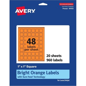 image:imageAvery Printable Square Labels Sure Feed Technology 1 x 1 Bright Orange Labels PrinttoTheEdge LaserInkjet Printable 3840 Total Great for Soaps and QR Codes960 labels