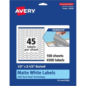 image:imageAvery TrueBlock Matte White Barbell Labels Sure Feed Technology 05 x 25 450 Matte White Labels LaserInkjet Printable Great for Jewelry and Product Merchandising4 500 labels