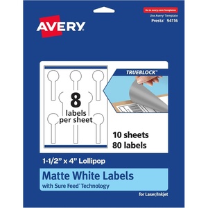 image:imageAvery TrueBlock Matte White Lollipop Labels Sure Feed Technology 15 x 4 800 Matte White Labels PrinttoTheEdge LaserInkjet Printable Great for Packaging and Product Merchandising80 labels