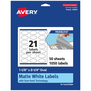 image:imageAvery TrueBlock Matte White Oval Labels Sure Feed Technology 118 x 214 210 Matte White Labels PrinttoTheEdge LaserInkjet Printable Great for Packaging and Product Merchandising1 050 labels