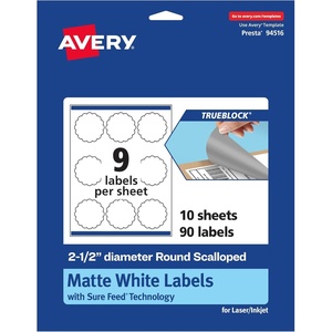 image:imageAvery TrueBlock Matte White Round Scalloped Labels Sure Feed Technology 25 Diameter 90 Matte White Labels PrintToTheEdge LaserInkjet Printable Great for Packaging and Product Merchandising90 labels