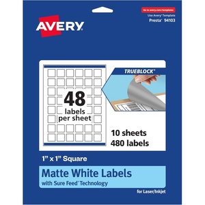 image:imageAvery TrueBlock Matte White Square Labels Sure Feed Technology 1 x 1 480 Matte White Labels PrinttoTheEdge LaserInkjet Printable Great for Product Merchandising Stickers480 labels