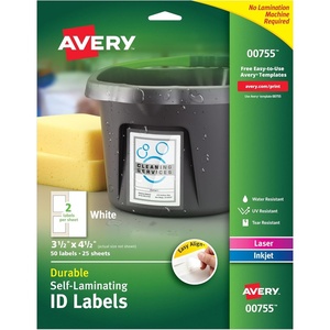 image:imageAvery 00755 Easy Align SelfLaminating ID Labels LaserInkjet 3 12 x 4 12 White Pack of 50