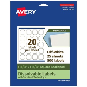 image:imageAvery Dissolvable Square Scalloped Labels Sure Feed Technology 158 x 158 Matte White PrinttoTheEdge LaserInkjet Printable 100 Labels Total500 labels