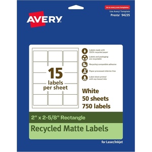 image:imageAvery EcoFriendly Matte White Recycled Rectangle Labels 2 x 258 Matte White Labels Permanent Adhesive LaserInkjet Printable 375 Total750 labels