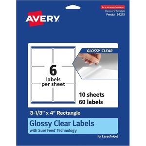 image:imageAvery Glossy Clear Rectangle Labels Sure Feed Technology 313 x 4 30 Glossy Clear Labels LaserInkjet Printable60 labels