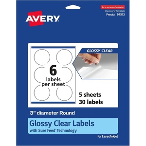 image:imageAvery Glossy Clear Round Labels Sure Feed Technology 3 Diameter 60 Glossy Clear Labels PrinttoTheEdge LaserInkjet Printable30 labels