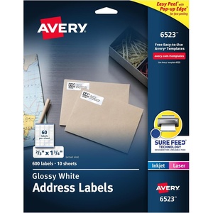 image:imageAvery Glossy White Labels Sure Feed Technology 2 x 3 Rectangle Labels PrinttoTheEdge LaserInkjet 80 Total 22890600 labels
