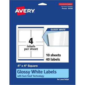 image:imageAvery Glossy White Square Labels Sure Feed Technology 4 x 4 40 Glossy White Labels Permanent Adhesive LaserInkjet Printable40 labels