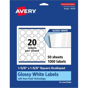 image:imageAvery Glossy White Square Scalloped Labels Sure Feed Technology 158 x 158 200 Glossy White Labels PrinttoTheEdge Permanent Adhesive LaserInkjet Printable1 000 labels