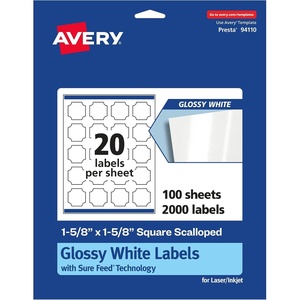 image:imageAvery Glossy White Square Scalloped Labels Sure Feed Technology 158 x 158 200 Glossy White Labels PrinttoTheEdge Permanent Adhesive LaserInkjet Printable2 000 labels