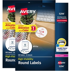 image:imageAvery High Visibility Printable Round Labels with Sure Feed 25 Diameter White Laser Printer 300 per Pack 2 Packs 600 Customizable Blank Labels Total 45294