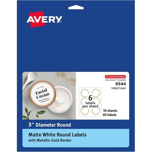 image:imageAvery Matte White Labels Metallic Gold Borders 3 Round Labels 60 Total LaserInkjet Printable 654460 labels