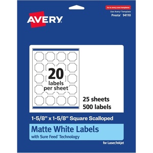 image:imageAvery Matte White Square Scalloped Labels Sure Feed Technology 158 x 158 500 Matte White Printable Labels500 Labels