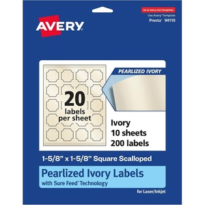 image:imageAvery Pearlized Ivory Square Scalloped Labels Sure Feed Technology PrinttoTheEdge 158 x 158 200 Pearlized Ivory Labels LaserInkjet Printable200 labels