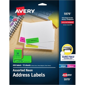 image:imageAvery Printable Address Labels with Sure Feed 1 x 258 Assorted Neon Colors Magenta Green and Yellow Laser amp Inkjet Compatible 450 Blank Labels Total 5979Assorted