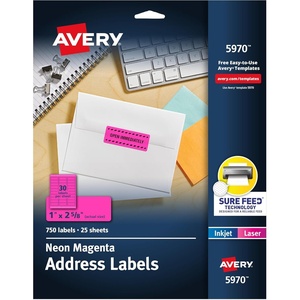 image:imageAvery Printable Address Labels with Sure Feed 1 x 258 Assorted Neon Colors Magenta Green and Yellow Laser amp Inkjet Compatible 450 Blank Labels Total 5979Neon Magenta