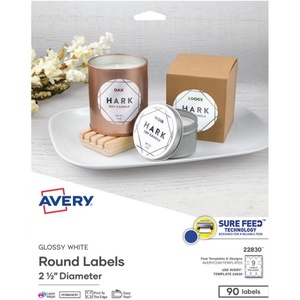 image:imageAvery Printable Round Labels Sure Feed Technology 25 Diameter Glossy White 90 Customizable Labels 22830