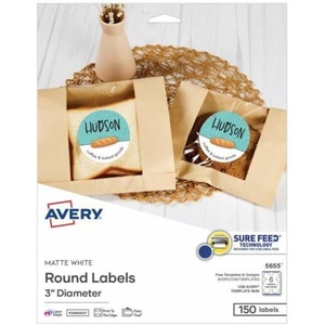 image:imageAvery Printable Round Labels Sure Feed Technology 3 Diameter Matte White Permanent Adhesive LaserInkjet Printable 150 Blank Labels Great for Product Merchandising Favors and More 5655